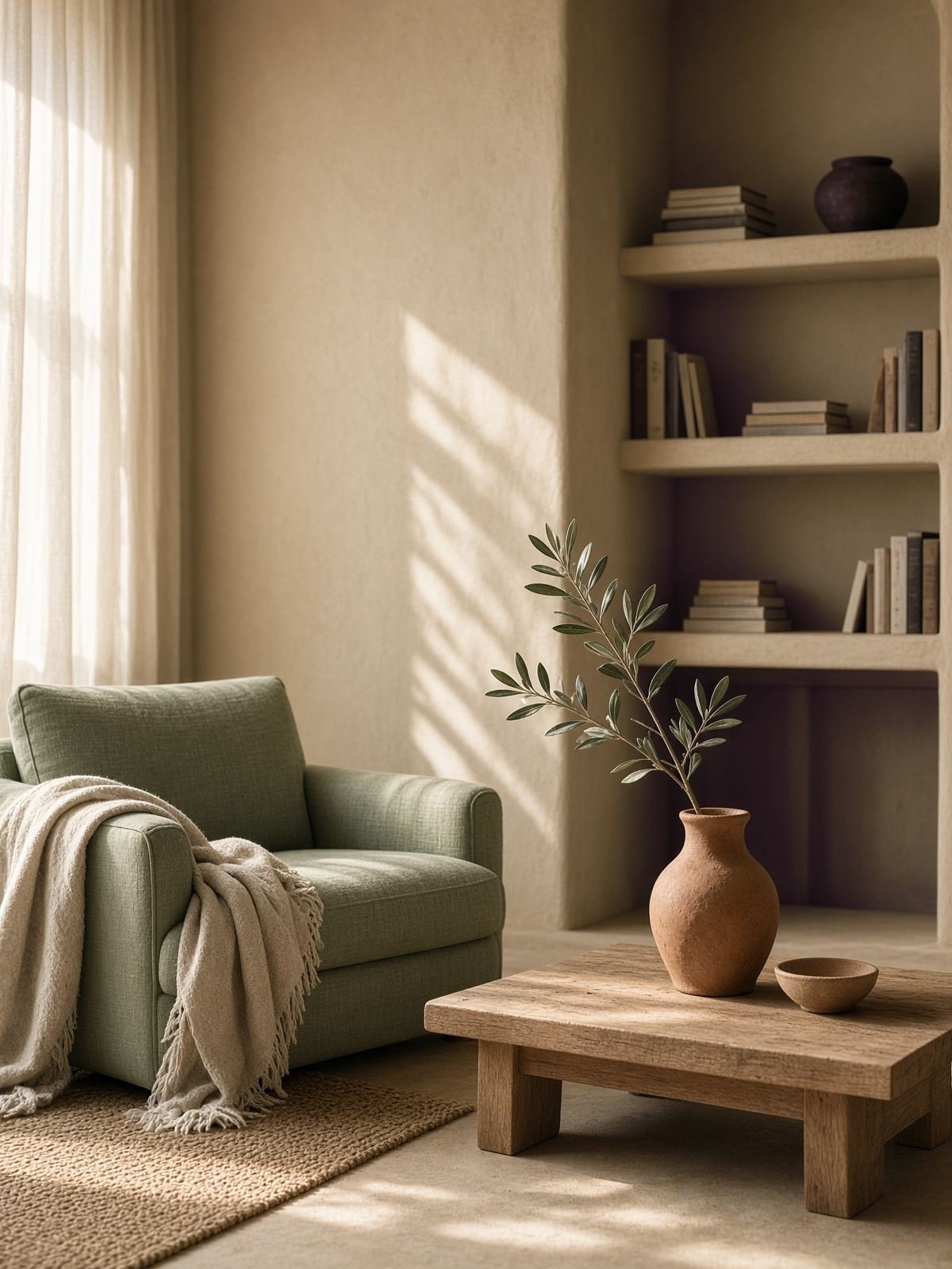 A sunlit room with a sage linen chair, oak table, and a clay vase of olive branches.