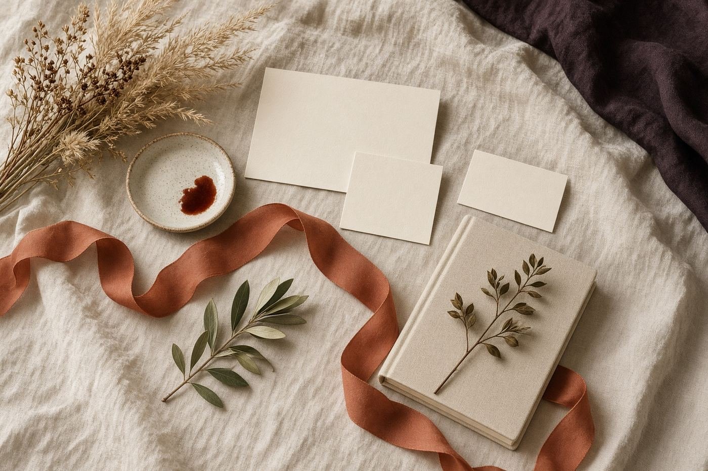 A linen-covered table with blank cards, a clay ribbon, olive leaves, and a notebook.