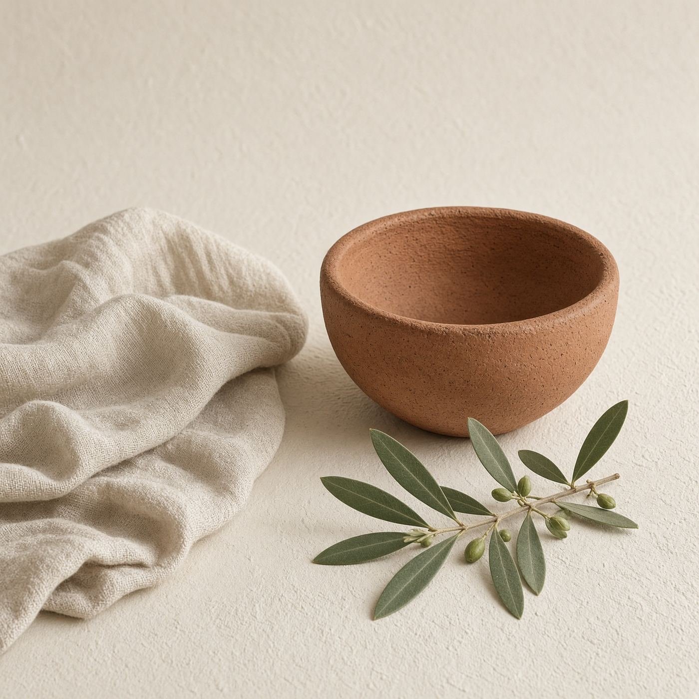 A still life of a clay bowl, folded linen, and an olive sprig.