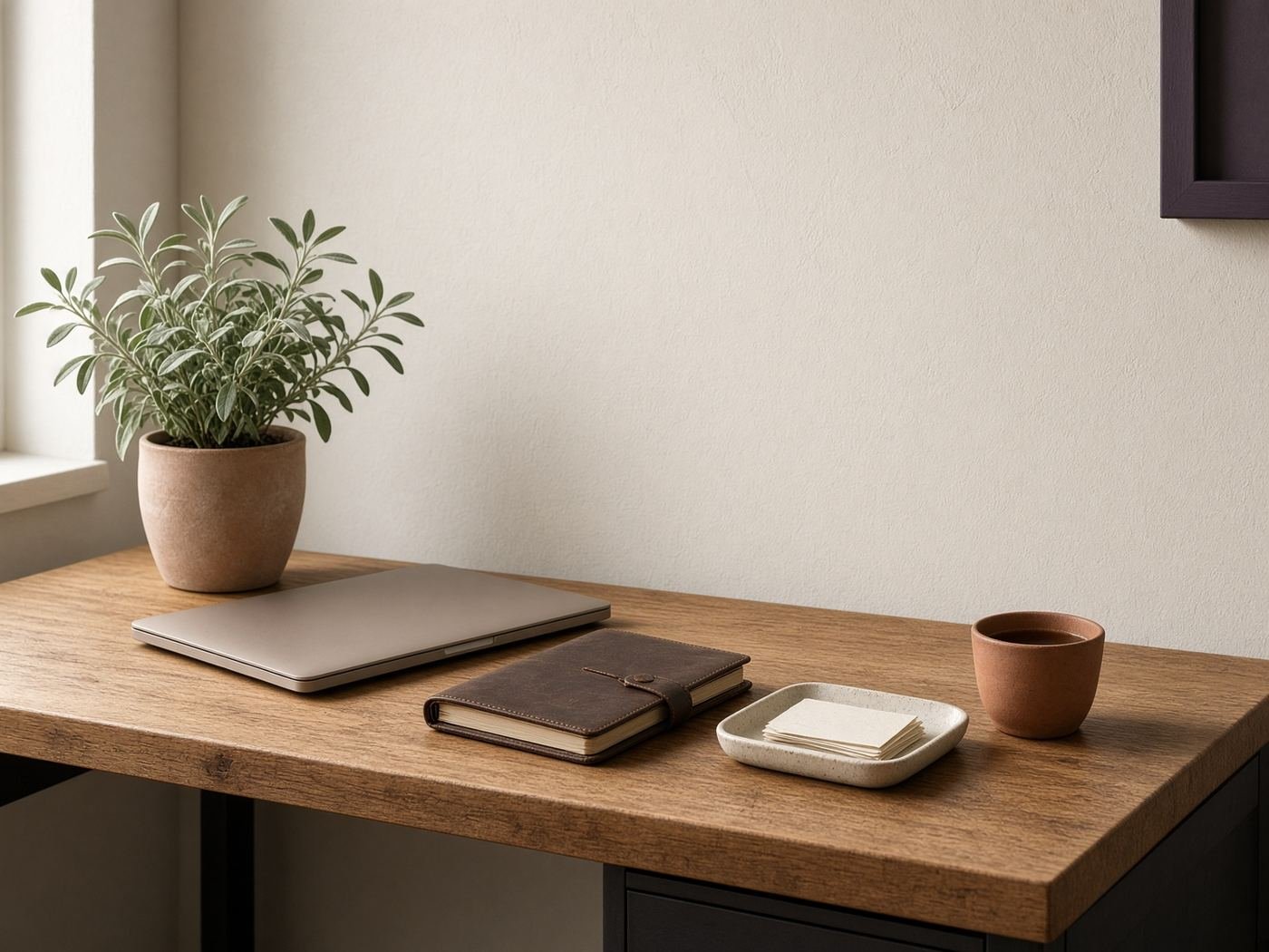 A quiet oak desk with a closed laptop, notebook, index cards, and a cup of tea.
